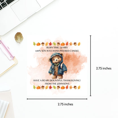 A set of 9 "Beary Bountiful Thanksgiving" themed Fall candle labels featuring charming bears, autumn leaves, and Thanksgiving motifs. The 2.75-inch square labels come as fixed designs with editable text for personal customization.