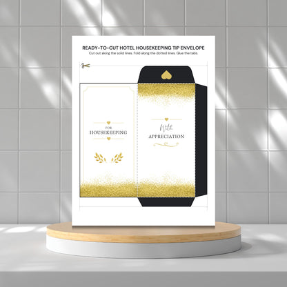A printed housekeeping tip envelope template displayed upright on a round pedestal. The envelope design is white with metallic gold glitter bands and gold decorative accents, with black text reading 'FOR HOUSEKEEPING' and 'Note Appreciation.