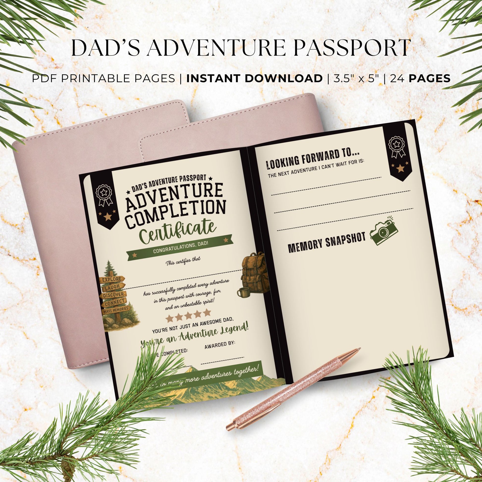 Dad's Adventure Passport printable Father's Day gift featuring 24 pages of family adventures, memory prompts, completion certificate, and printable booklet format for dads and kids.
