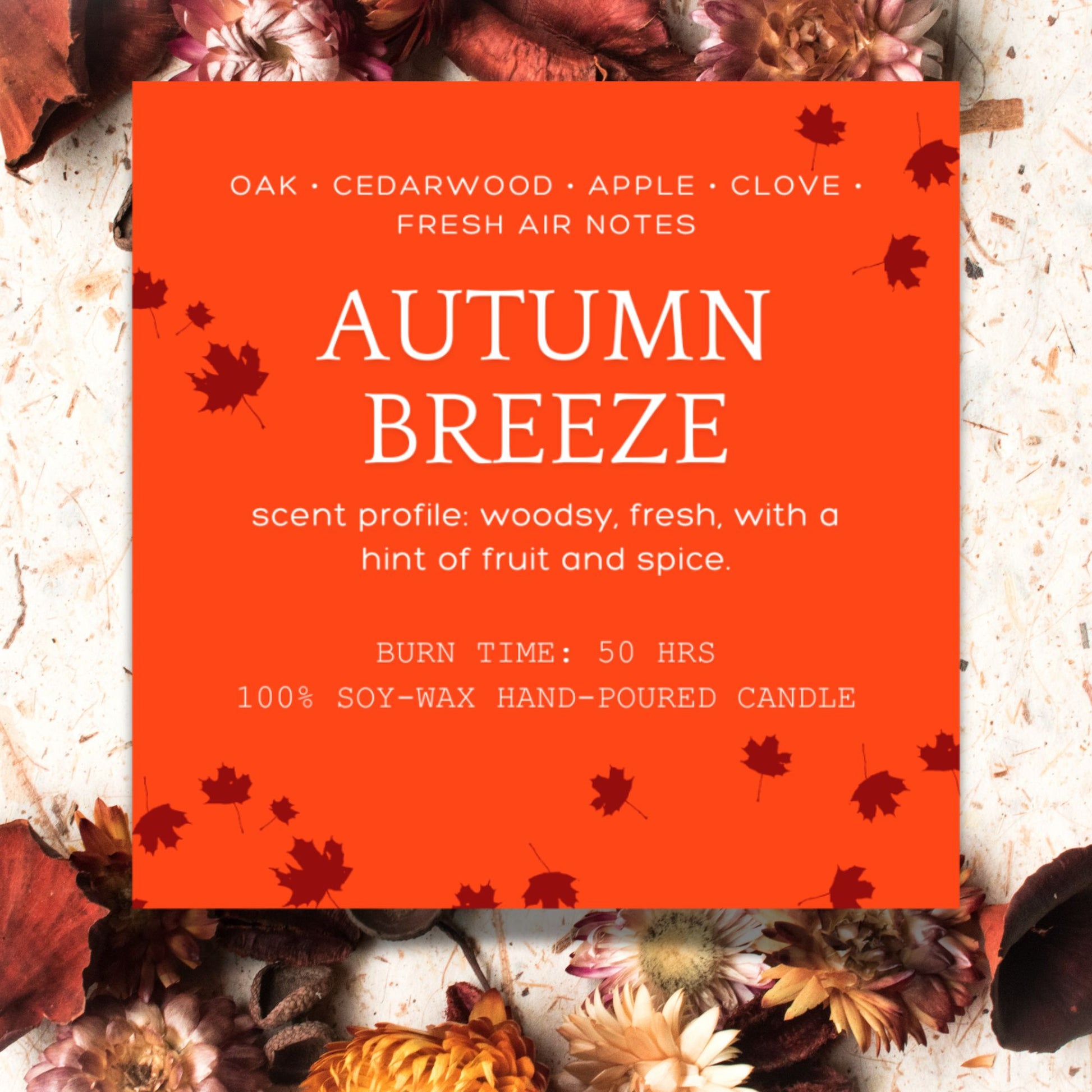 A set of 10 editable Fall-themed candle labels featuring autumn-inspired designs and scents, perfect for adding a personal touch to your candles. The labels are 2.75 inches square and come with a link to a customizable Canva template.