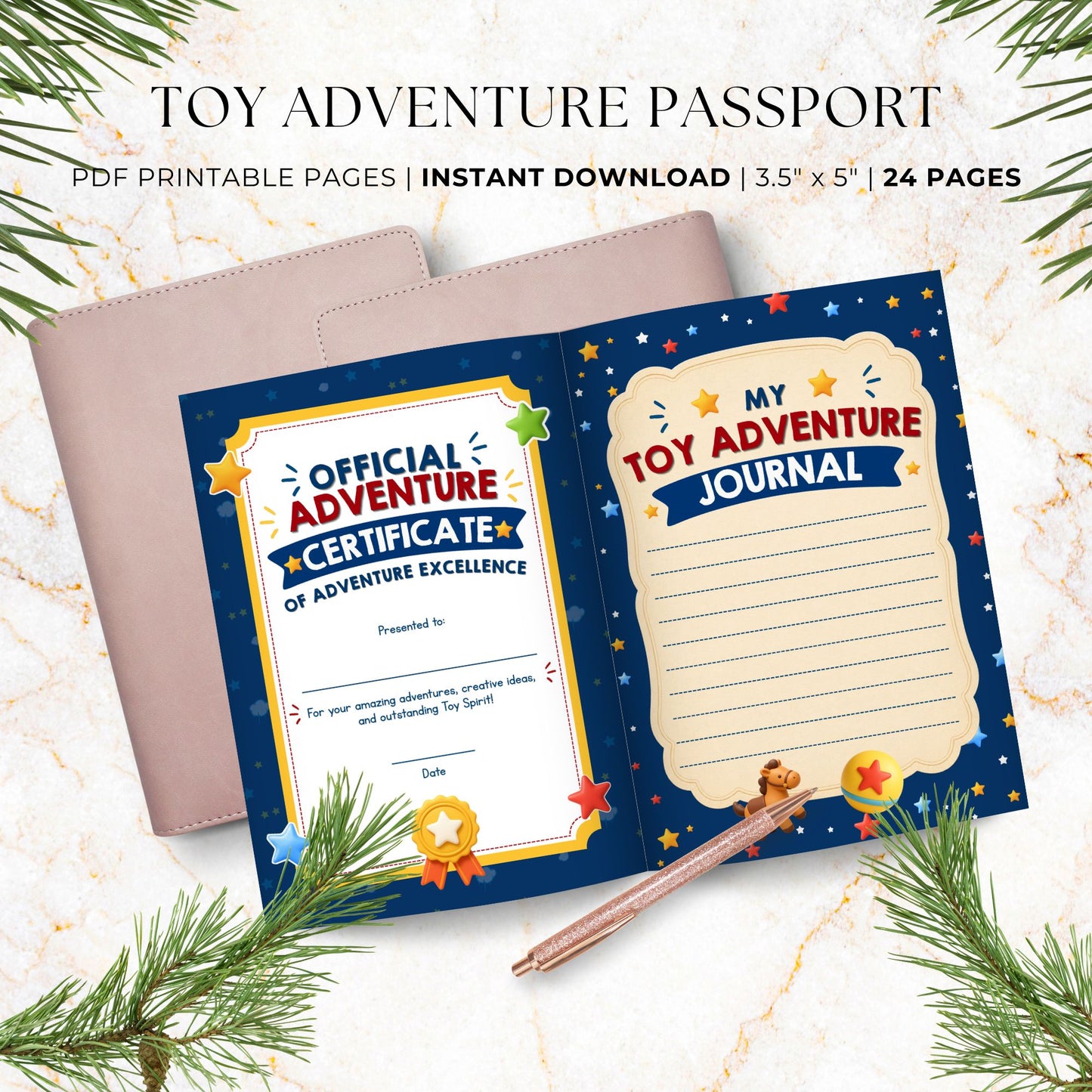 Printable Toy Adventure Passport featuring an Official Adventure Certificate and Toy Adventure Journal page for writing memories and celebrating completed adventures.