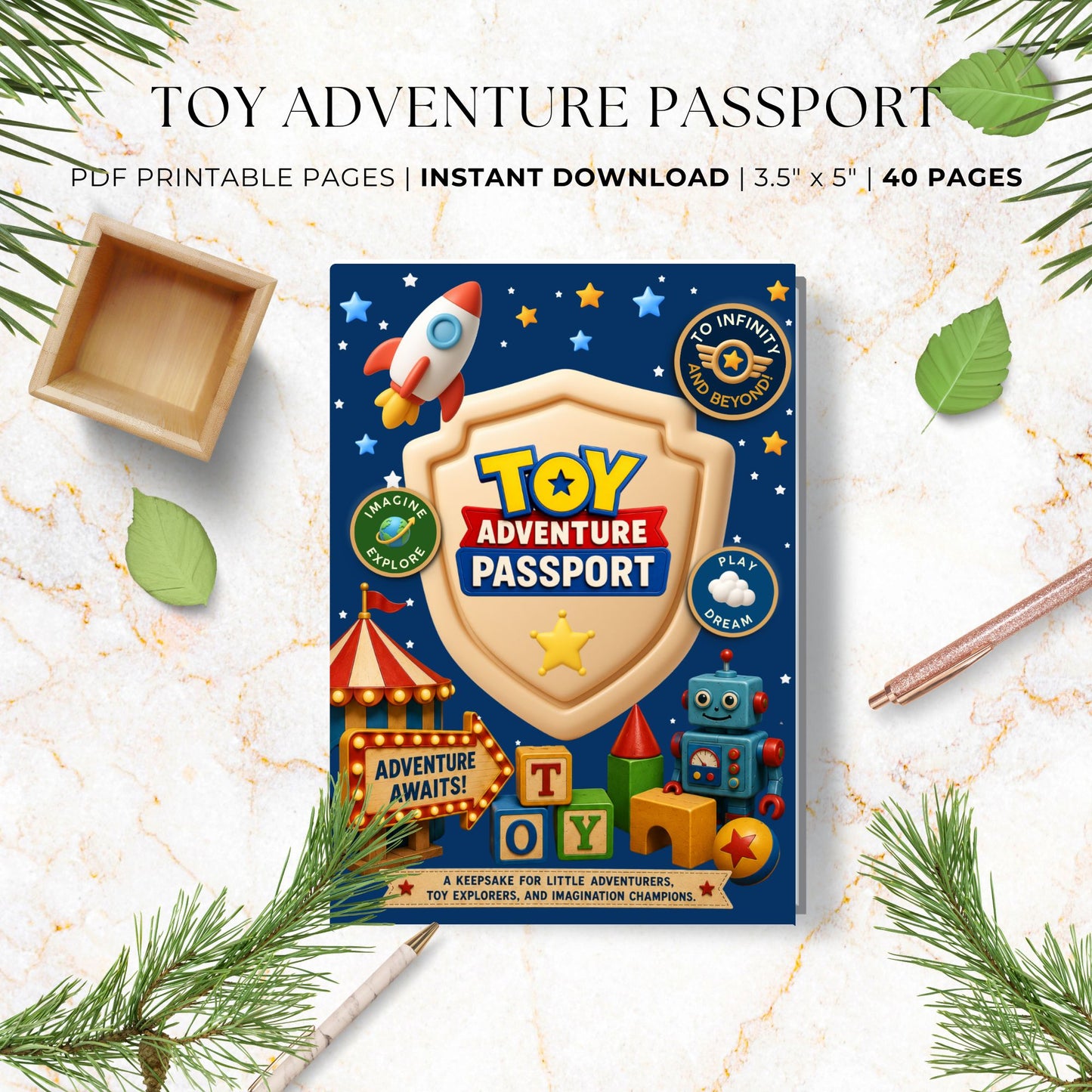 Toy Adventure Passport printable activity book cover mockup featuring a colorful toy-themed design with adventure badges, rocket, robot, stars, and building blocks.