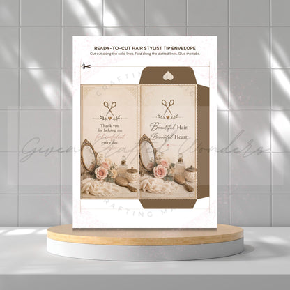 A printable hair stylist tip envelope card shown on a white background with a gray tiled wall behind it, displayed on a round wooden-and-white pedestal. The card includes decorative vintage styling imagery and text such as 'READY-TO-CUT HAIR STYLIST TIP ENVELOPE' and 'Thank you for helping me be a Beautiful Hair, Beautiful Heart.