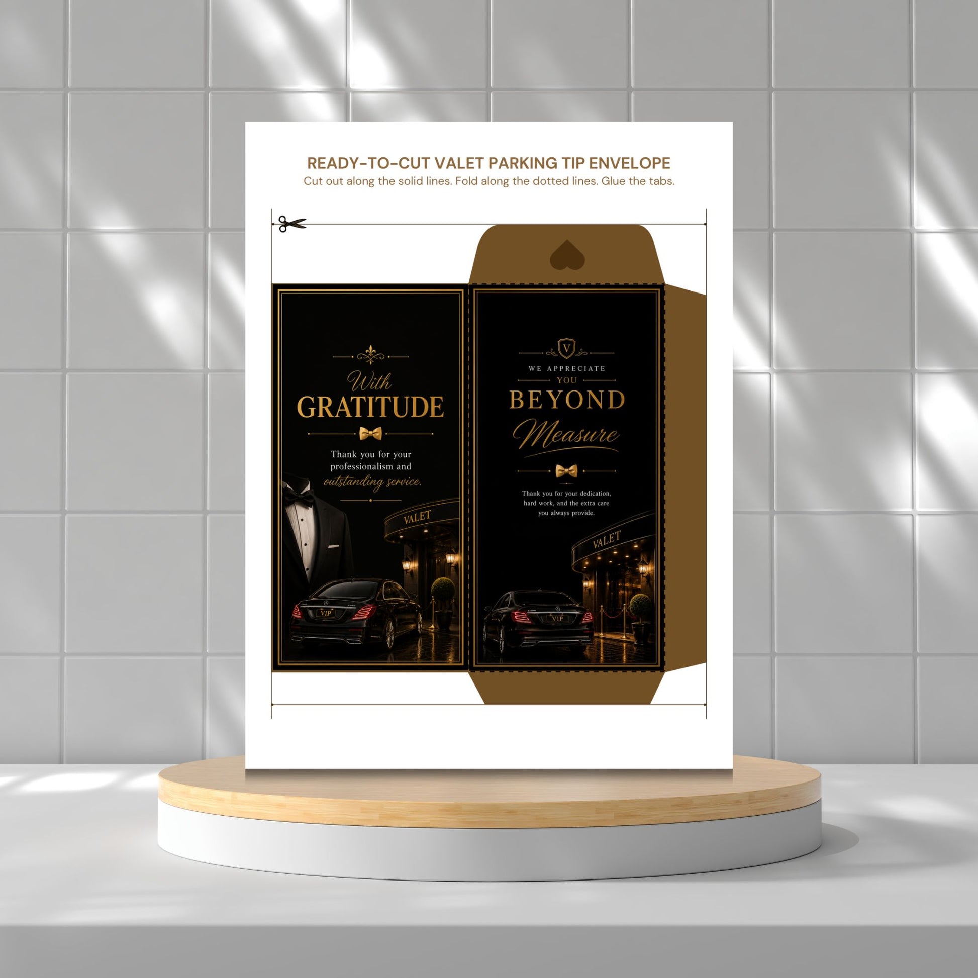 A printed valet parking tip envelope template shown standing on a round pedestal against a tiled wall. The design features a white outer sheet with an illustrated and cut-out inner envelope in black and gold, with text such as 'Ready-to-Cut Valet Parking Tip Envelope' and decorative phrases like 'With Gratitude' and 'Beyond Measure.