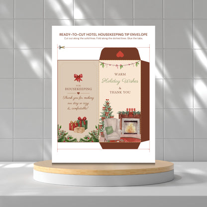 A holiday-themed housekeeping tip envelope template displayed on a white and light wood pedestal against a gray tiled wall. The envelope design features Christmas illustrations, including a fireplace, gifts, a tree, and a red bow, with text reading 'READY-TO-CUT HOTEL HOUSEKEEPING TIP ENVELOPE' and 'WARM Holiday Wishes & THANK YOU'.