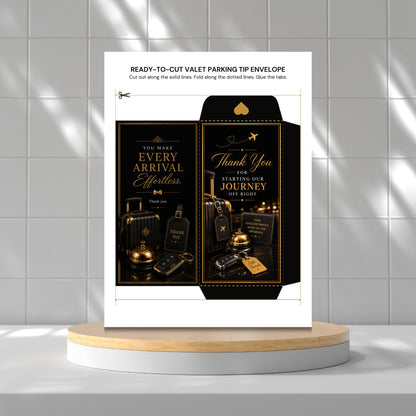 A printed ready-to-cut valet parking tip envelope template shown standing on a round wooden platform against a light gray tiled wall. The design is predominantly black and gold with decorative illustrations of suitcases, a briefcase, and a gold key, and text including 'Every Arrival Effortless' and 'Thank You for Your Journey.