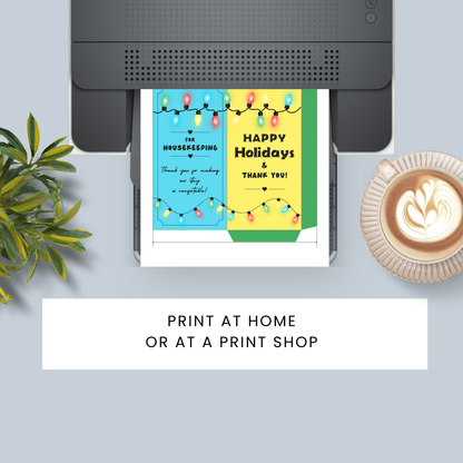 Printable bundle of 10 hotel housekeeping tip envelopes featuring botanical, minimalist, floral, beach, mountain lodge, family travel, luxury gold, heartfelt gratitude, and holiday-themed printable money holders for hotel staff appreciation.