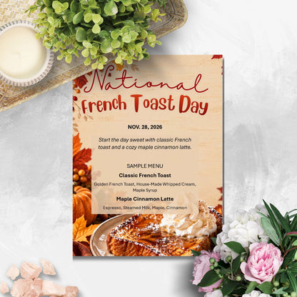 A printed event invitation card for National French Toast Day is styled on a light stone surface with a small green plant, a candle, and pink and white flowers around it. The card has a warm wood-textured background, red script and serif text, and a photo of French toast at the bottom.