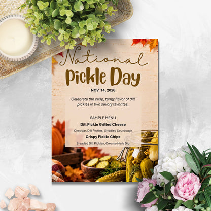 A National Pickle Day event flyer or menu card styled in a flat-lay setting with autumn leaves, a small green plant, and pink flowers on a light gray marble surface.