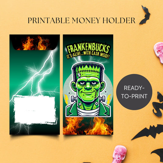 Printable Frankenbucks Halloween money holders with Frankenstein-inspired designs, bundled with matching FrankenChoco Chocolate Bar Wrappers for trick-or-treat or party gifts.
