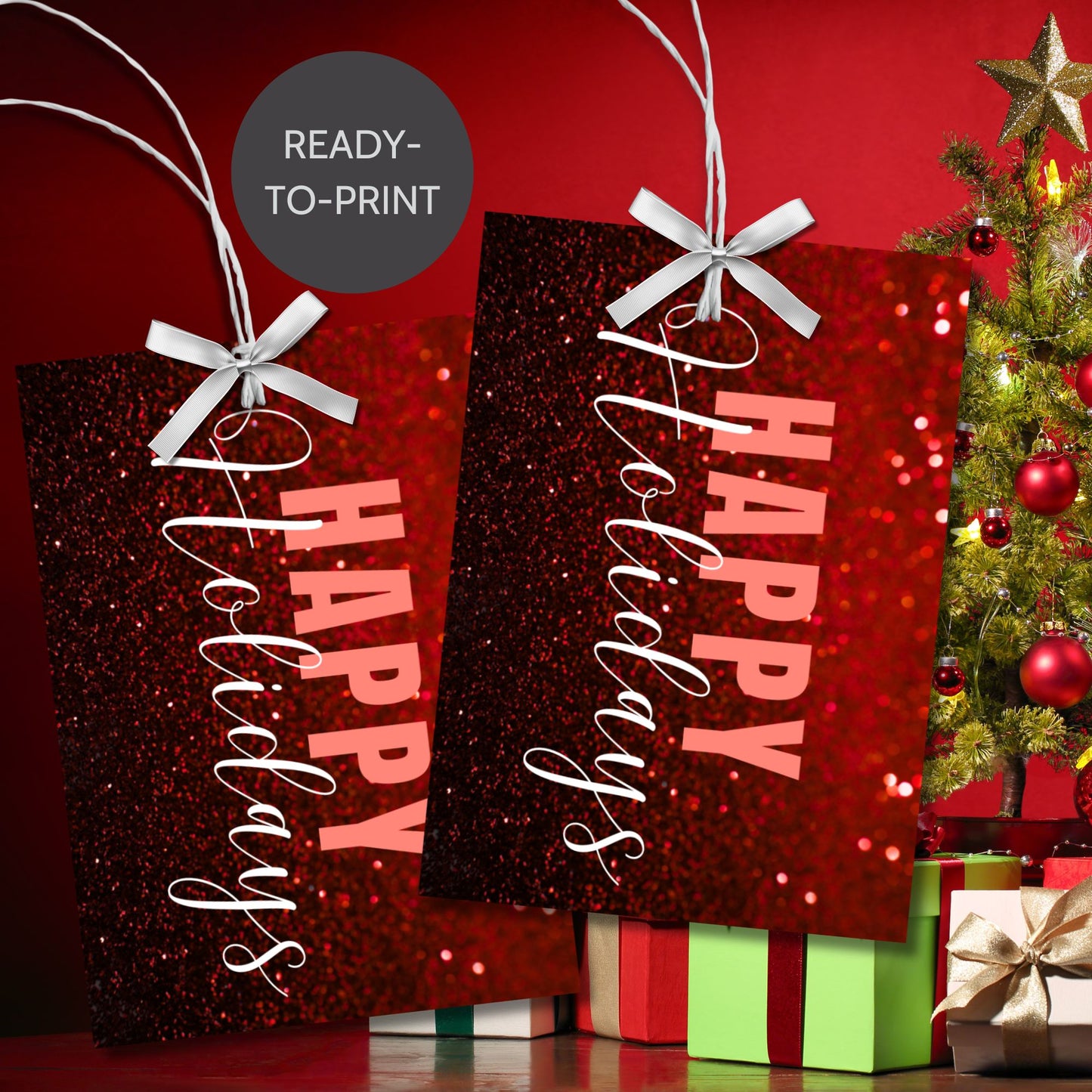 Red-themed ready-to-print Holiday gift tags featuring a glittery red background with elegant "Happy Holidays" text, 2.5 x 3.5 inches, 8 per 8.5 x 11-inch sheet.