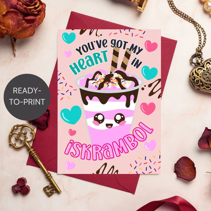 Printable Valentine’s Day card featuring the phrase “You’ve Got My Heart in Iskrambol” with a fun and colorful ice scramble design. Designed as a 5x7 PDF on an 8.5 x 11 sheet with two cards per page. A punny and heartfelt Valentine’s card for Filipino food lovers.