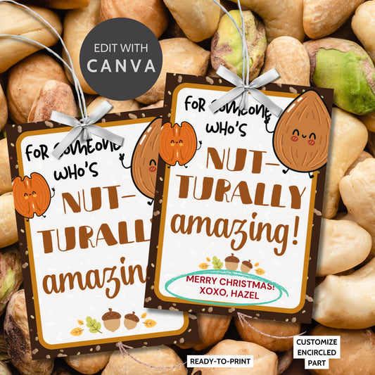 Festive "Nut-turally Amazing" gift tags for nut-themed treats, featuring adorable nut illustrations. Includes 8 printable tags per sheet and Canva customization options.