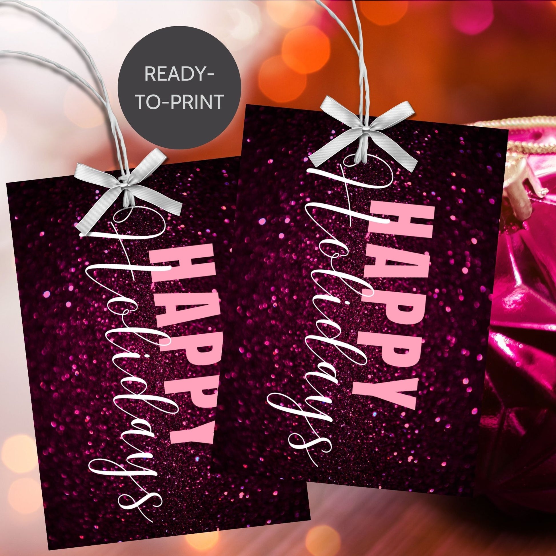 Printable pink and magenta Holiday gift tags featuring a glittery magenta background with light pink "Happy Holidays" text, sized 2.5 x 3.5 inches, 8 tags per sheet.