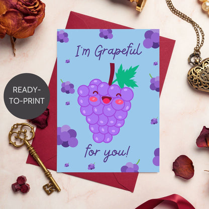 Printable Valentine’s Day Greeting Card featuring the phrase “I’m Grapeful for You” with a grape theme. Designed as a 5x7 PDF on an 8.5 x 11 sheet with two cards per page. A sweet and punny Valentine’s card for loved ones.