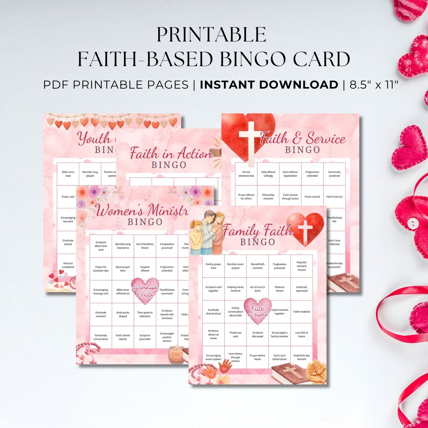 Faith-based bingo printable featuring five Christian-themed bingo cards for faith in action, women’s ministry, youth group, family faith, and faith and service, sized 8.5x11.