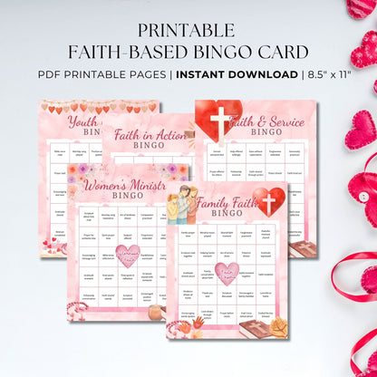 Faith-based bingo printable featuring five Christian-themed bingo cards for faith in action, women’s ministry, youth group, family faith, and faith and service, sized 8.5x11.