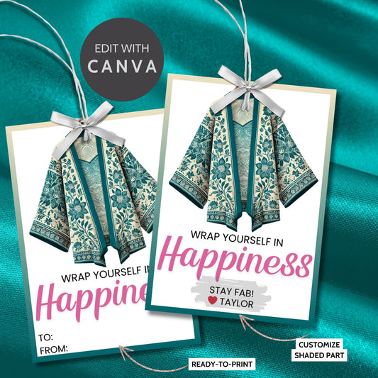 Printable kimono gift tags featuring a colorful kimono design with the text "Wrap Yourself in Happiness" and customizable space for names, perfect for adding a personal touch to any gift.