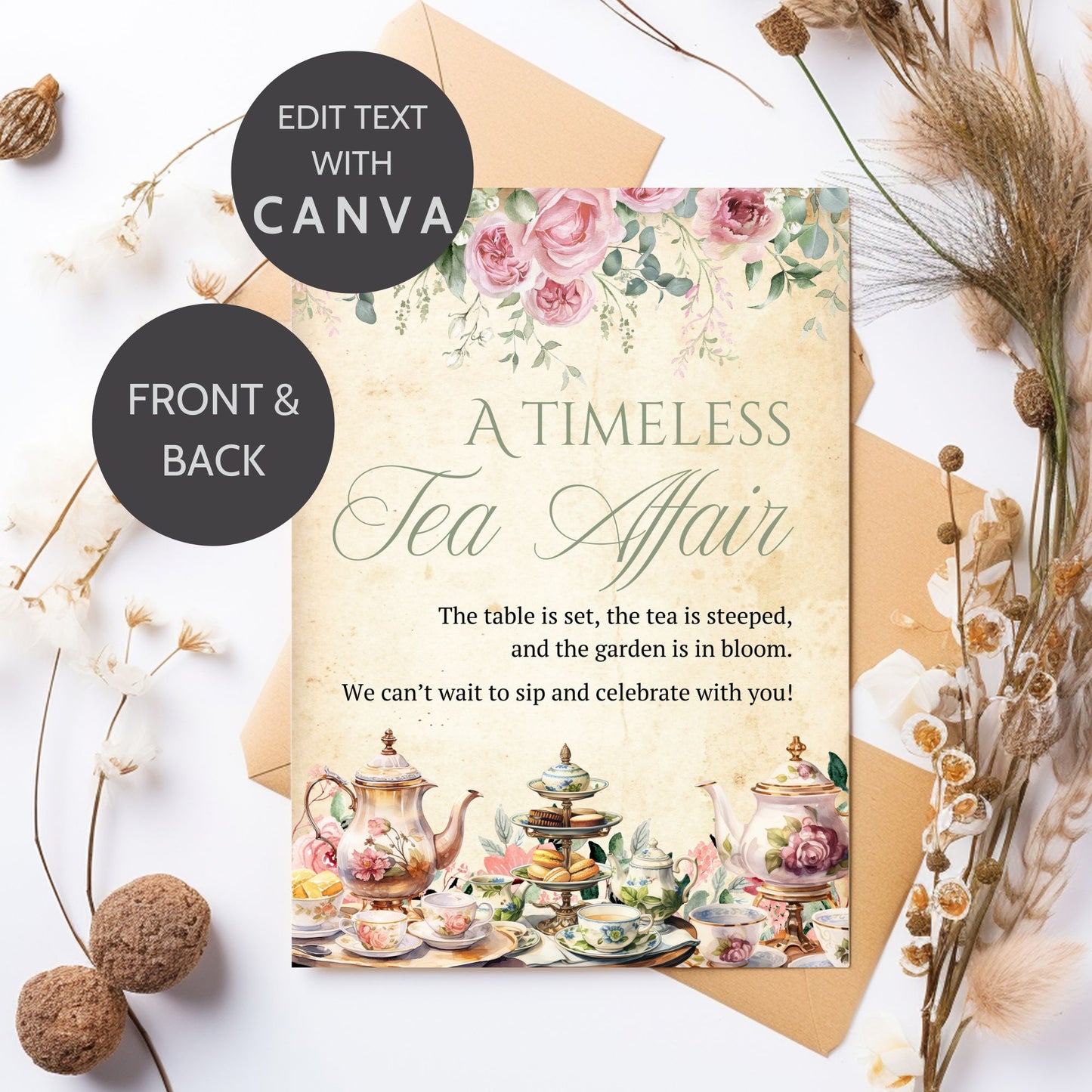 A vintage-inspired botanical tea party invitation featuring a floral watercolor design, antique parchment background, and elegant typography. Double-sided, fixed design with editable text in Canva, ideal for tea parties, bridal showers, and birthdays.