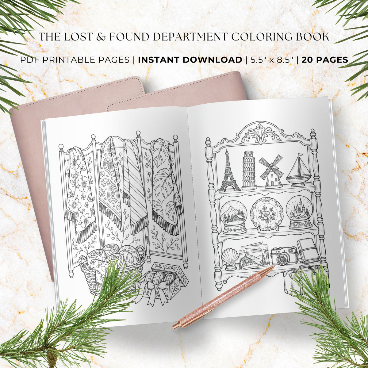 A styled flat-lay of an open coloring book showing two black-and-white illustrated interior pages, with a blush pink notebook cover peeking out on the left. Text at the top reads 'THE LOST & FOUND DEPARTMENT COLORING BOOK' and 'PDF PRINTABLE PAGES | INSTANT DOWNLOAD | 5.