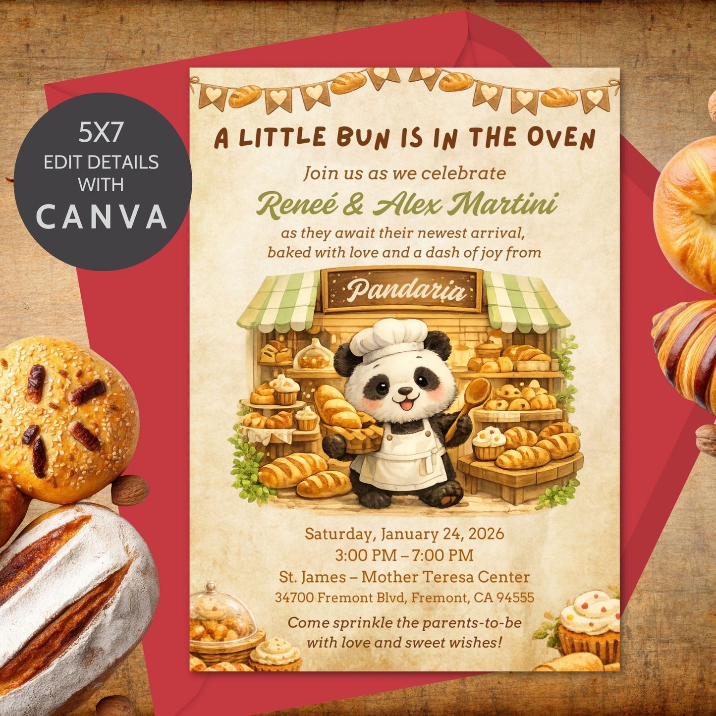 Editable Pandaria panda bakery themed invitation featuring a cute panda baker surrounded by artisan bread and warm bakery details. Whimsical 5x7 Canva invitation perfect for baby showers, birthdays, and bakery-themed celebrations.