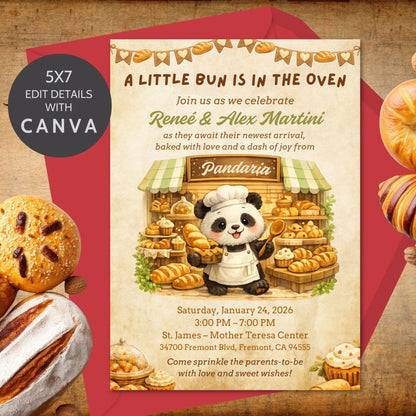 Editable Pandaria panda bakery themed invitation featuring a cute panda baker surrounded by artisan bread and warm bakery details. Whimsical 5x7 Canva invitation perfect for baby showers, birthdays, and bakery-themed celebrations.