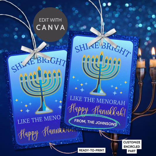 A sheet of eight printable and editable Hanukkah gift tags featuring a vibrant menorah design with the text "Shine Bright Like the Menorah - Happy Hanukkah!" Perfect for adding a festive touch to Hanukkah gifts.