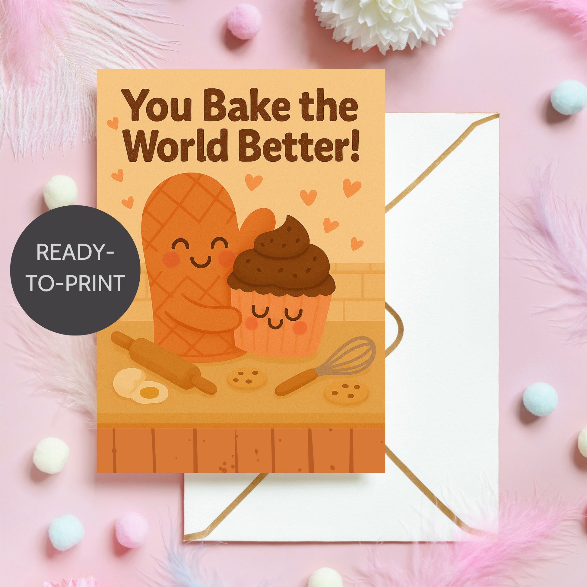 Printable 5x7 Mother's Day greeting card with a cute baking pun – "You Bake the World Better" featuring pastel illustrations and sweet treats, available as an instant download.