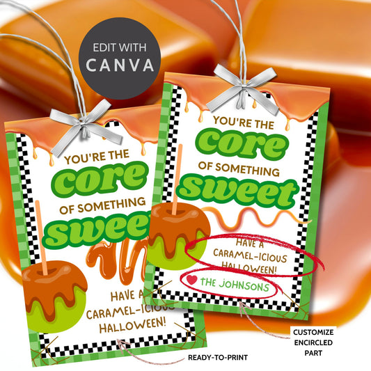 Printable and editable fall-themed gift tags reading “You’re the Core of Something Sweet,” designed for pairing with See’s Candies Caramel Apple Lollypops or caramel apple candies — perfect for teachers, employees, and fall gifts.