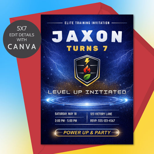Editable monster trainer inspired birthday invitation with electric lightning background, glowing arena platform, and customizable name and party details in Canva
