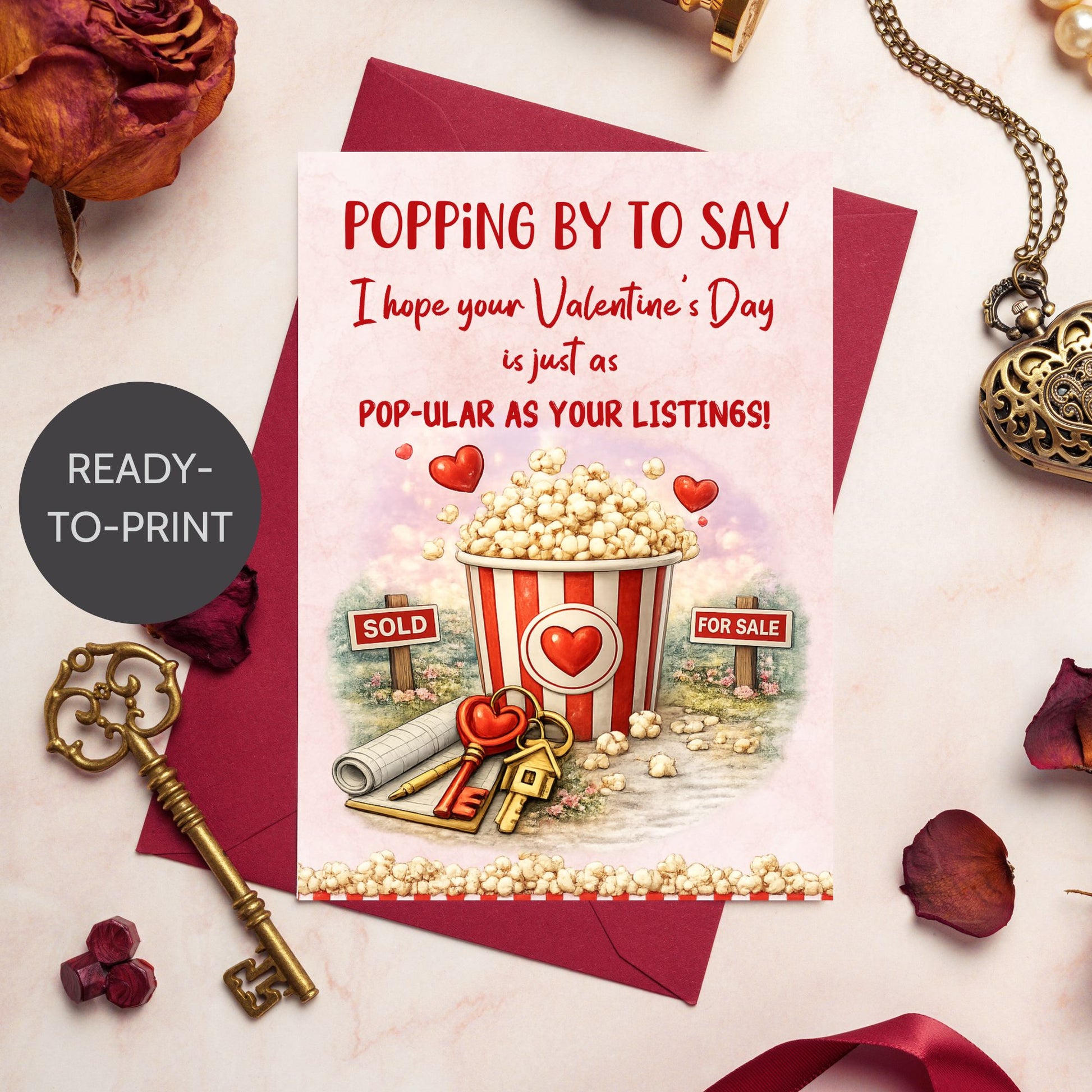 Printable popcorn Valentine’s Day card for realtors featuring a popcorn bucket, real estate signs, keys, and the phrase “Pop-ular as Your Listings,” designed as a client appreciation gift.