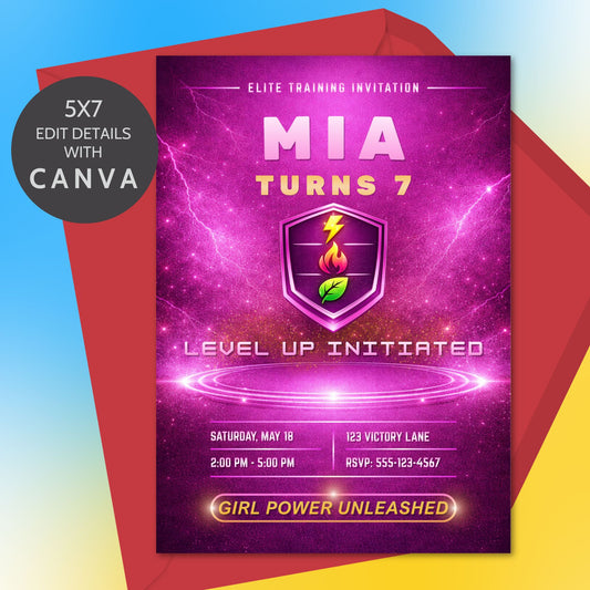 Editable pink and violet monster trainer inspired birthday invitation with glowing arena, lightning effects, and customizable party details in Canva