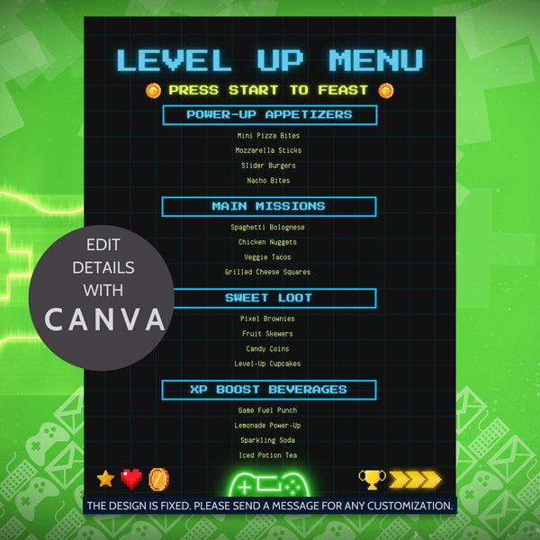 High Rise Game Event Menu Editable Level Up Party Menu | Video Game Graduation Printable | 8.5 x ...