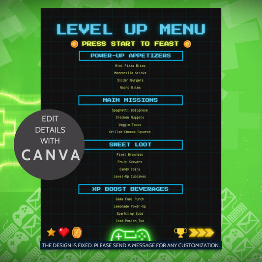 Editable video game-themed menu titled “Level Up Menu” with categories like Power-Up Appetizers, Main Missions, and XP Boost Beverages. Canva template sized 8.5 x 11 inches.