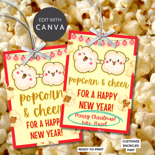 Holiday gift tags featuring a cheerful popcorn design with the message "Popcorn & Cheer for a Happy New Year!" Includes a printable PDF and editable Canva template.