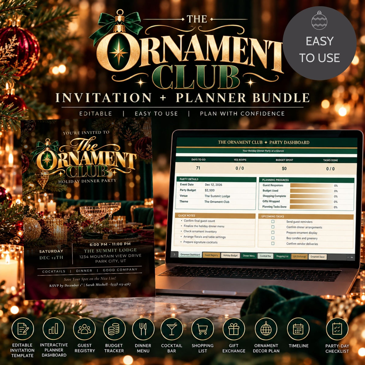 Promotional graphic for 'The Ornament Club' invitation and planner bundle, showing a holiday-themed invitation card, a laptop with a party dashboard screen, and a dark gray circle reading 'Easy to Use.' The background is a warm, blurred Christmas tree and ornaments scene.