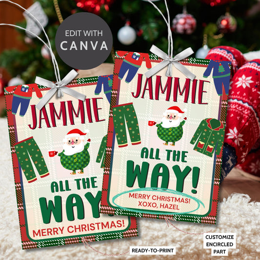 Holiday gift tags with a "Jammie All the Way!" theme, ideal for attaching to pajama gifts, featuring festive holiday pajamas, Santa, and a cozy plaid background.