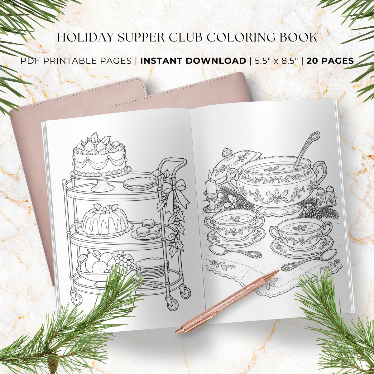 The Holiday Supper Club printable coloring book featuring festive table settings, candlelit dining scenes, holiday desserts, and decorative serving pieces, available as PDFs and PNGs.