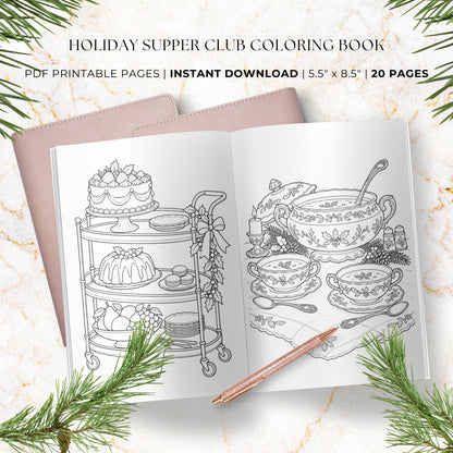 The Holiday Supper Club printable coloring book featuring festive table settings, candlelit dining scenes, holiday desserts, and decorative serving pieces, available as PDFs and PNGs.