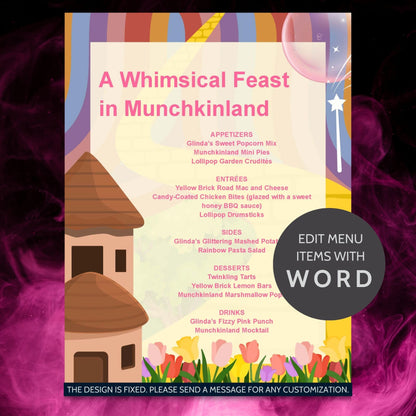 Editable Munchkinland Menu Template - Whimsical Wicked Wizard of Oz-Themed Party Menu