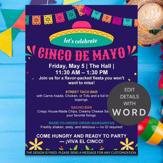 Editable Cinco de Mayo flyer with vibrant sombrero and papel picado design; fixed header says “Let’s Celebrate Cinco de Mayo,” with editable fields for event details and menu.