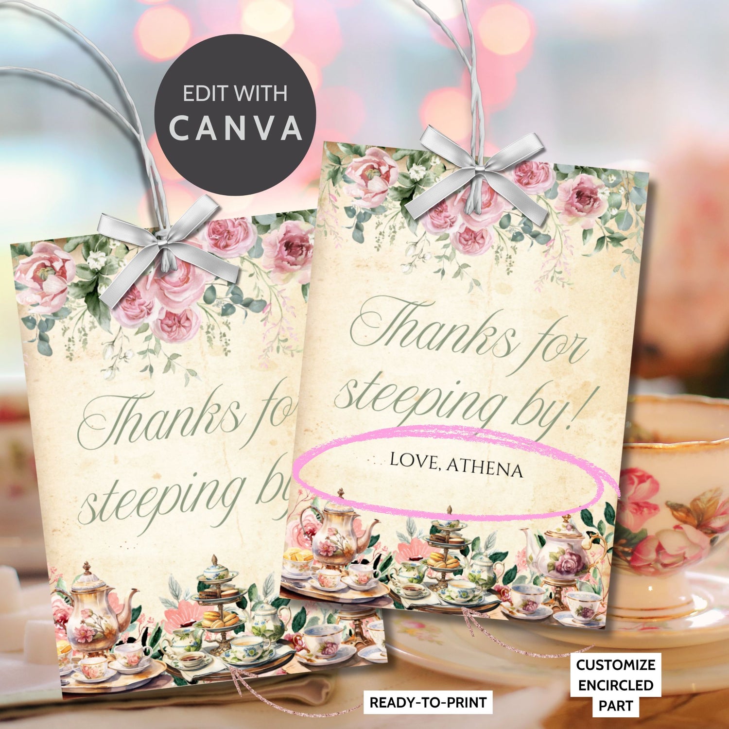 A set of 8 vintage-inspired botanical tea party favor tags, featuring soft floral watercolor illustrations, antique parchment textures, and elegant typography. Editable text in Canva, fixed design, perfect for bridal showers, afternoon teas, weddings, and baby showers.