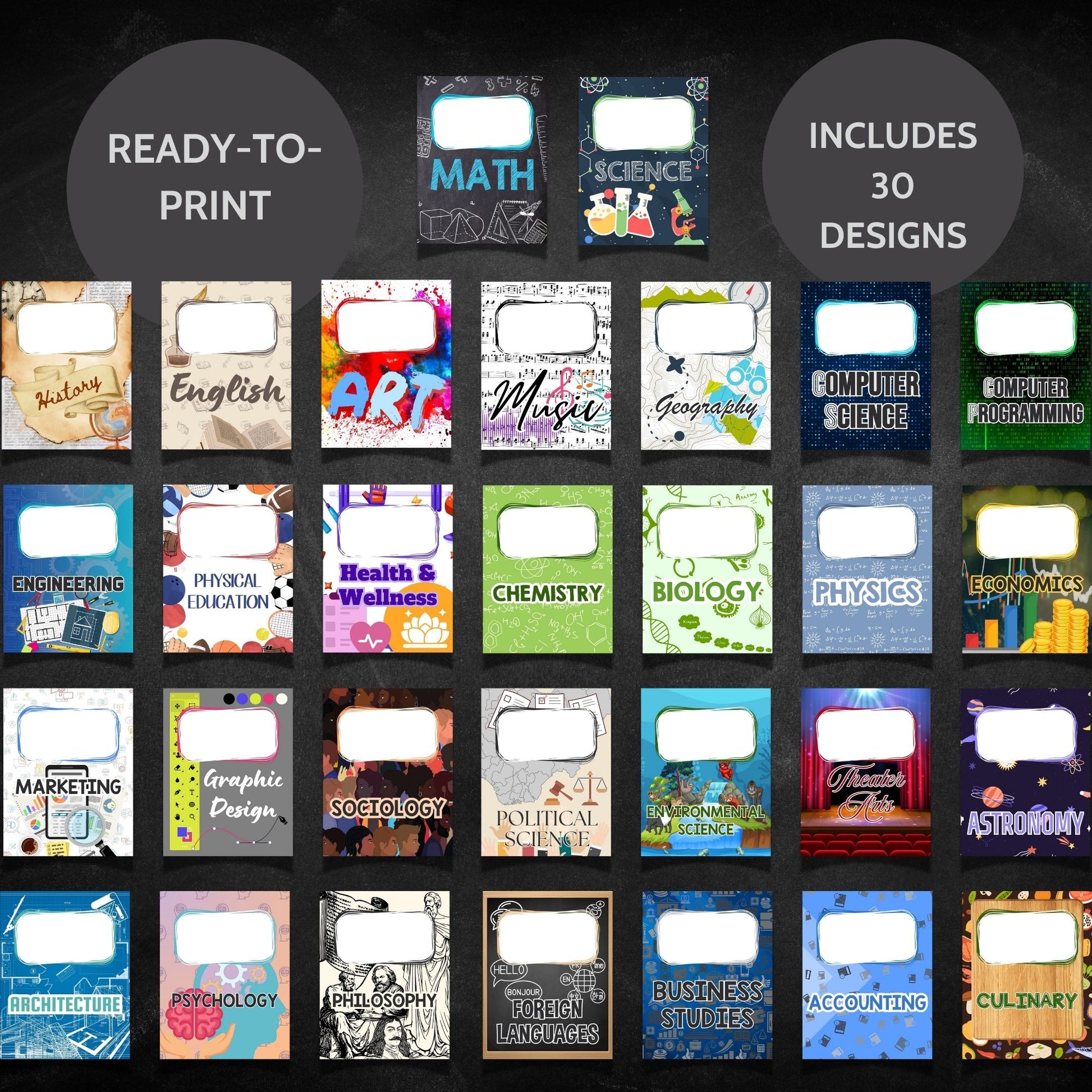 Printable Student Binder Covers in 30 unique designs, sized 8.5 x 11 inches, perfect for organizing school subjects with space for personalization.