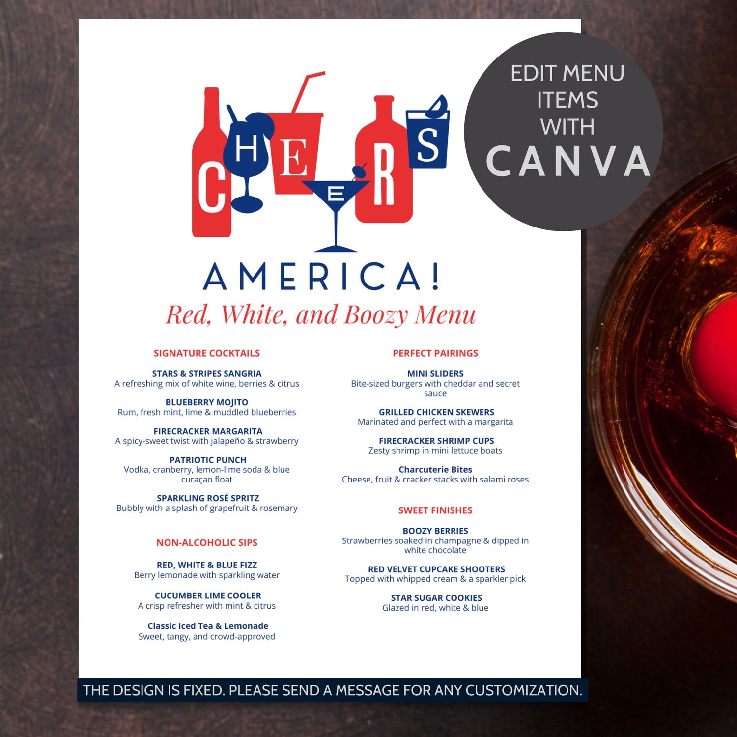 Editable 4th of July cocktail menu with a patriotic red, white, and blue theme featuring signature drinks, non-alcoholic sips, food pairings, and desserts. Perfect for parties, printable in 8.5x11 PDF format, editable via Canva.