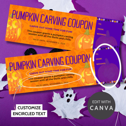 Halloween-themed voucher for a pumpkin carving session featuring illustrated pumpkins, jack-o-lanterns, and a vibrant orange and purple color palette. The "Pumpkin Carving Coupon" offers a spooky activity session.