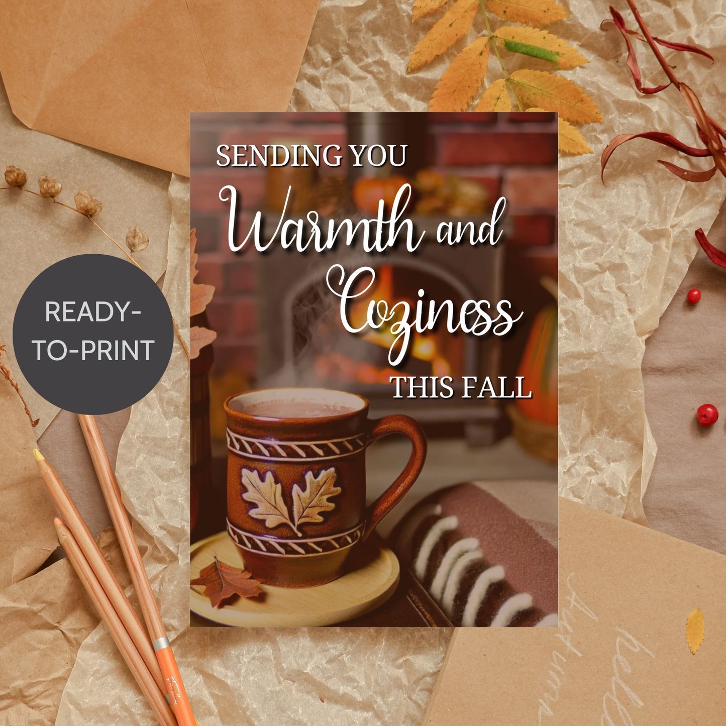 Printable Fall Greeting Card with a cozy scene featuring a steaming mug and fireplace, and the message 'Sending You Warmth and Coziness This Fall,' ideal for autumn greetings.