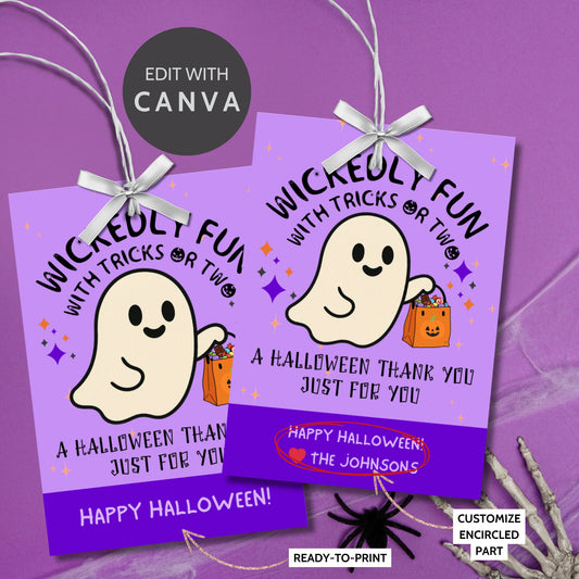 Printable and editable Halloween gift tags reading “Wickedly Fun with Tricks or Two,” featuring playful spooky design — perfect for Halloween treats, teachers, and employees.