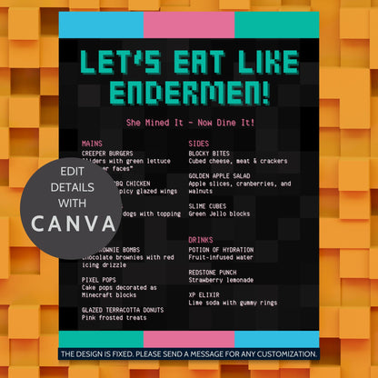 Editable Minecraft-themed menu template titled “Let’s Eat Like Endermen” with customizable tagline and food list. Pixel-style design, Canva editable, 8.5 x 11 inches.