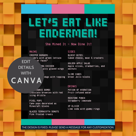 Editable Minecraft-themed menu template titled “Let’s Eat Like Endermen” with customizable tagline and food list. Pixel-style design, Canva editable, 8.5 x 11 inches.