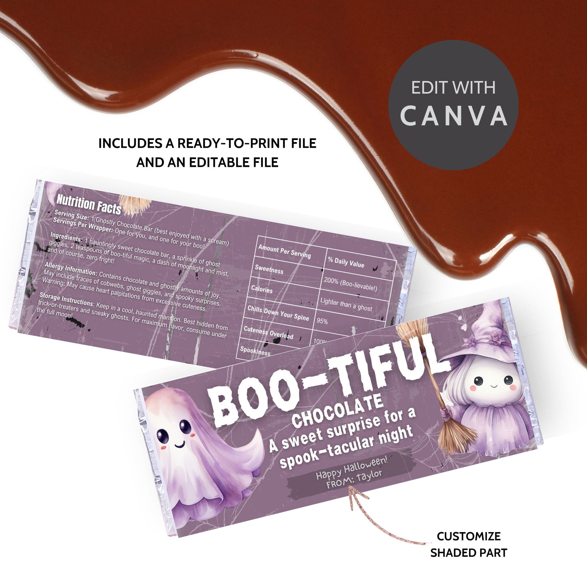 Printable and editable Boo/Ghost-themed Halloween chocolate bar wrapper featuring cute ghosts and witches, perfect for Halloween parties and treats.